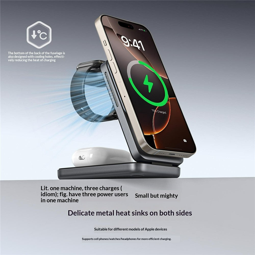 S29 3 in 1 Magnetic Wireless Charger with Ambient Light 15W Fast Charging Stand for Phone Watch Earbuds Foldable Charging Dock