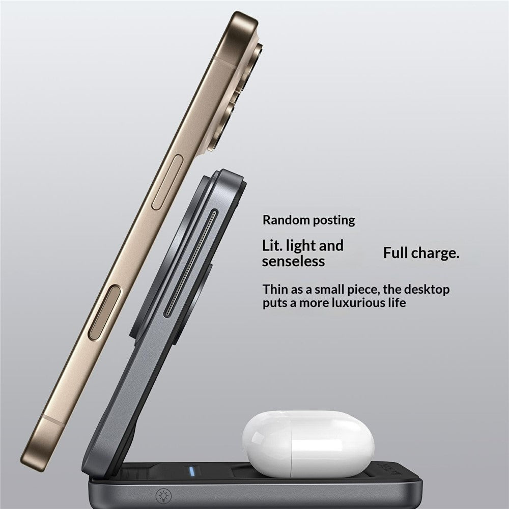 S29 3 in 1 Magnetic Wireless Charger with Ambient Light 15W Fast Charging Stand for Phone Watch Earbuds Foldable Charging Dock