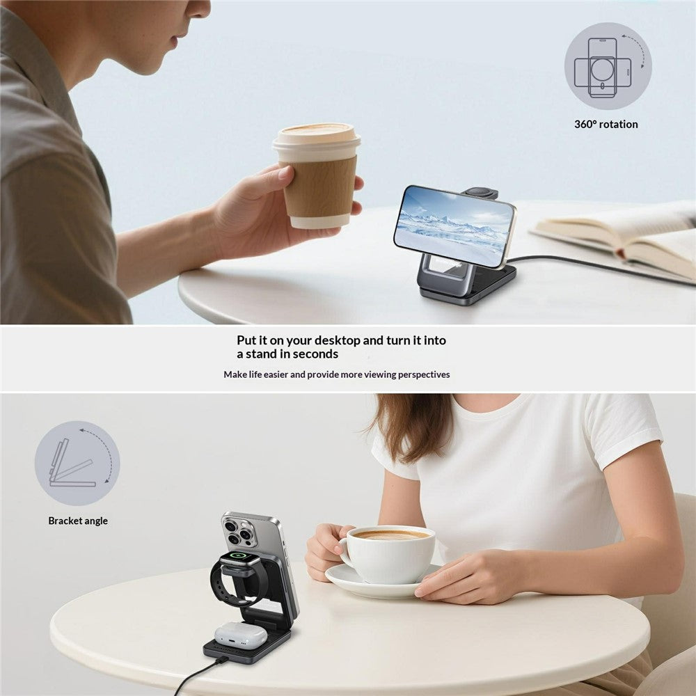 S29 3 in 1 Magnetic Wireless Charger with Ambient Light 15W Fast Charging Stand for Phone Watch Earbuds Foldable Charging Dock