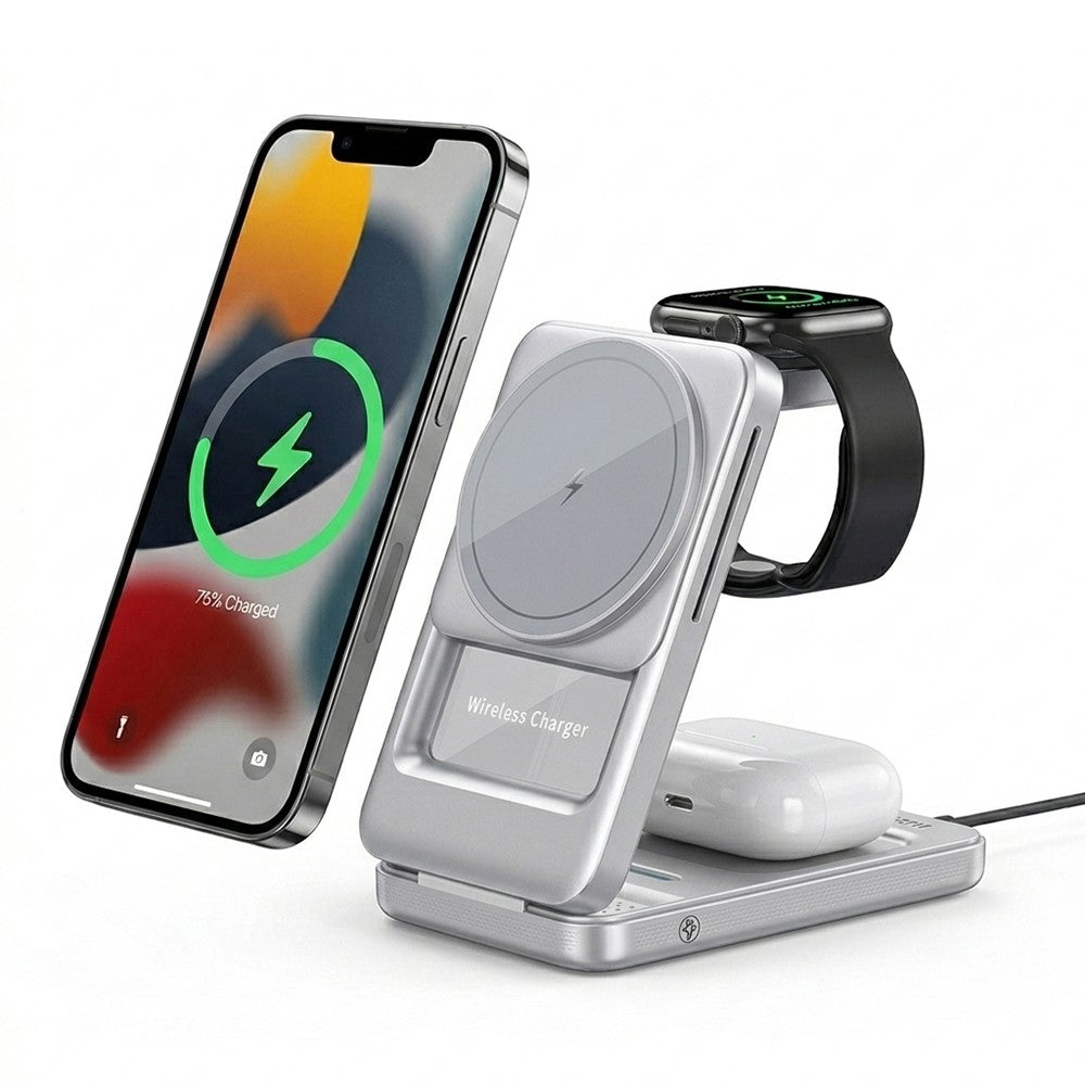 S29 3 in 1 Magnetic Wireless Charger with Ambient Light 15W Fast Charging Stand for Phone Watch Earbuds Foldable Charging Dock