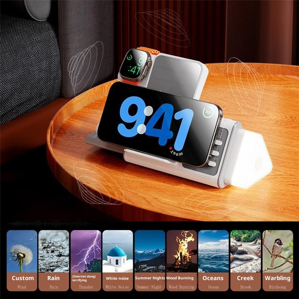 T12 5-in-1 Wireless Charging Station Stand Magnetic Stand with White Noise Night Light for Phone Watch Earbuds