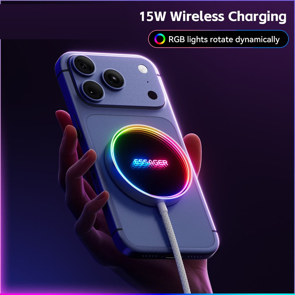 ESSAGER 15W Magnetisk Trådløs Oplader med Dynamisk RGB Lys Bærbar Opladningsplade