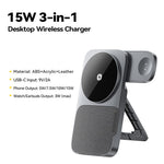 ESSAGER 3-i-1 Sammenklappelig Trådløs Oplader til Telefon / Ur / Høretelefoner 15W Hurtigopladende Stand