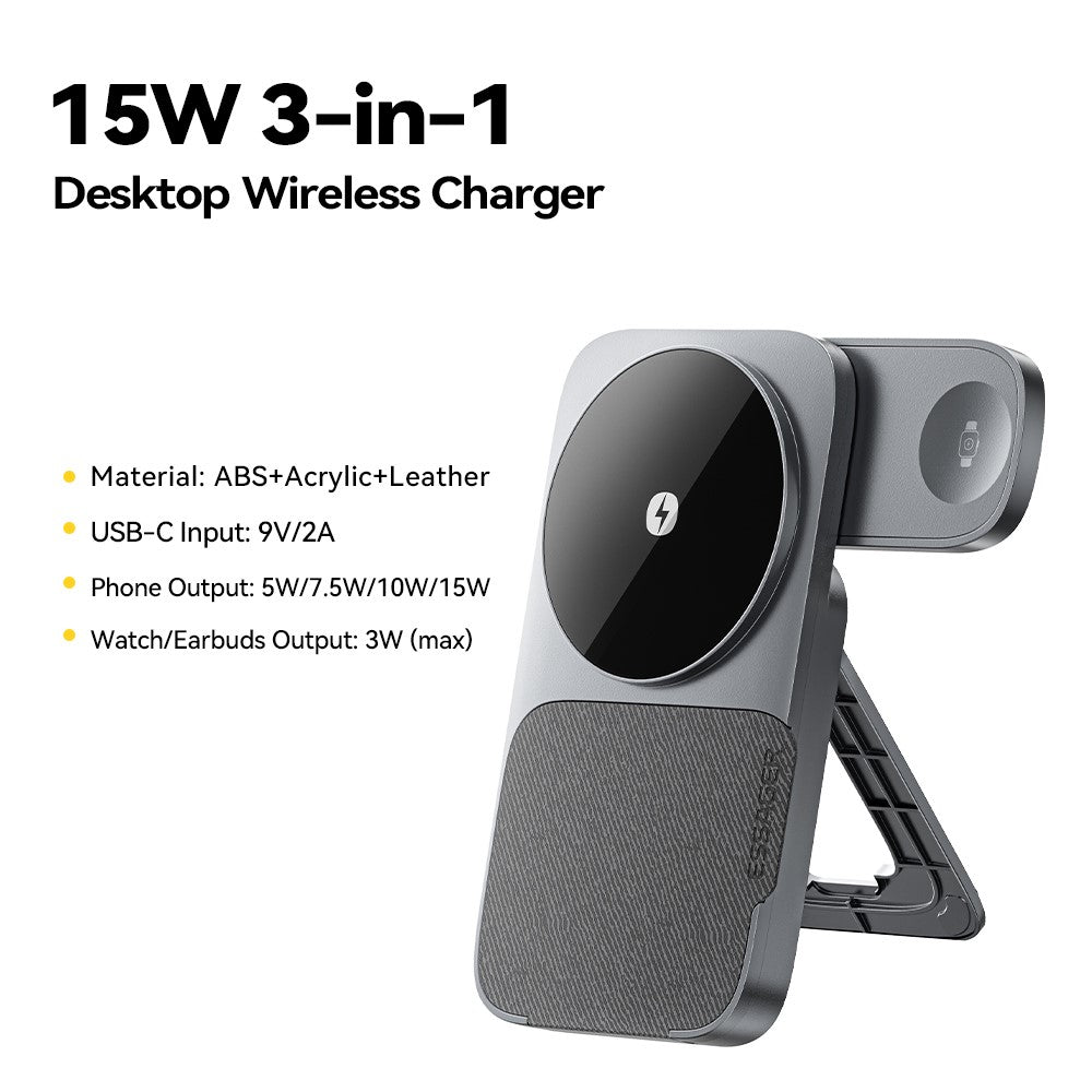 ESSAGER 3-i-1 Sammenklappelig Trådløs Oplader til Telefon / Ur / Høretelefoner 15W Hurtigopladende Stand