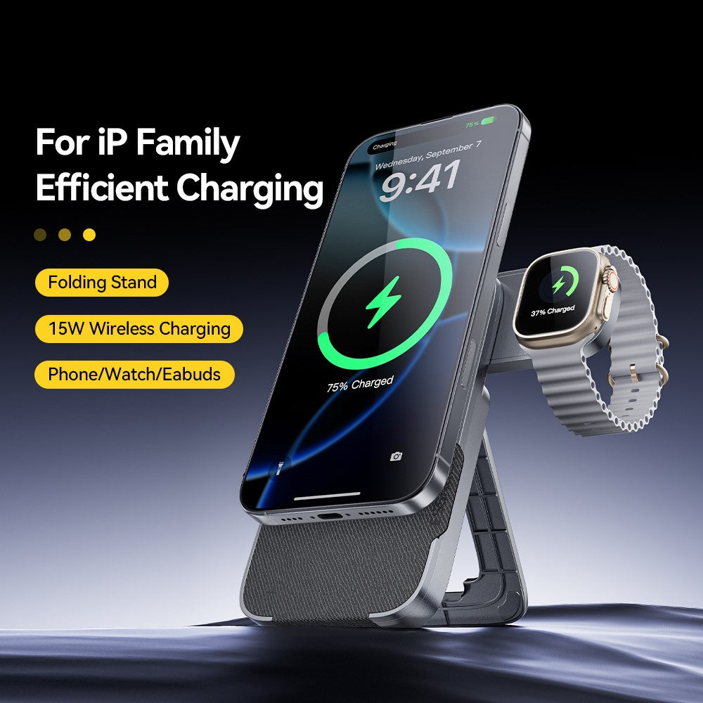 ESSAGER 3-i-1 Sammenklappelig Trådløs Oplader til Telefon / Ur / Høretelefoner 15W Hurtigopladende Stand