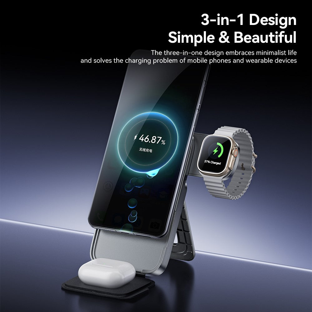 ESSAGER 3-i-1 Sammenklappelig Trådløs Oplader til Telefon / Ur / Høretelefoner 15W Hurtigopladende Stand