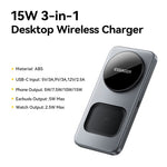 ESSAGER 3 in 1 Desktop Wireless Charger 15W Fast Charging Magnetic Foldable for Phone Watch Earbuds
