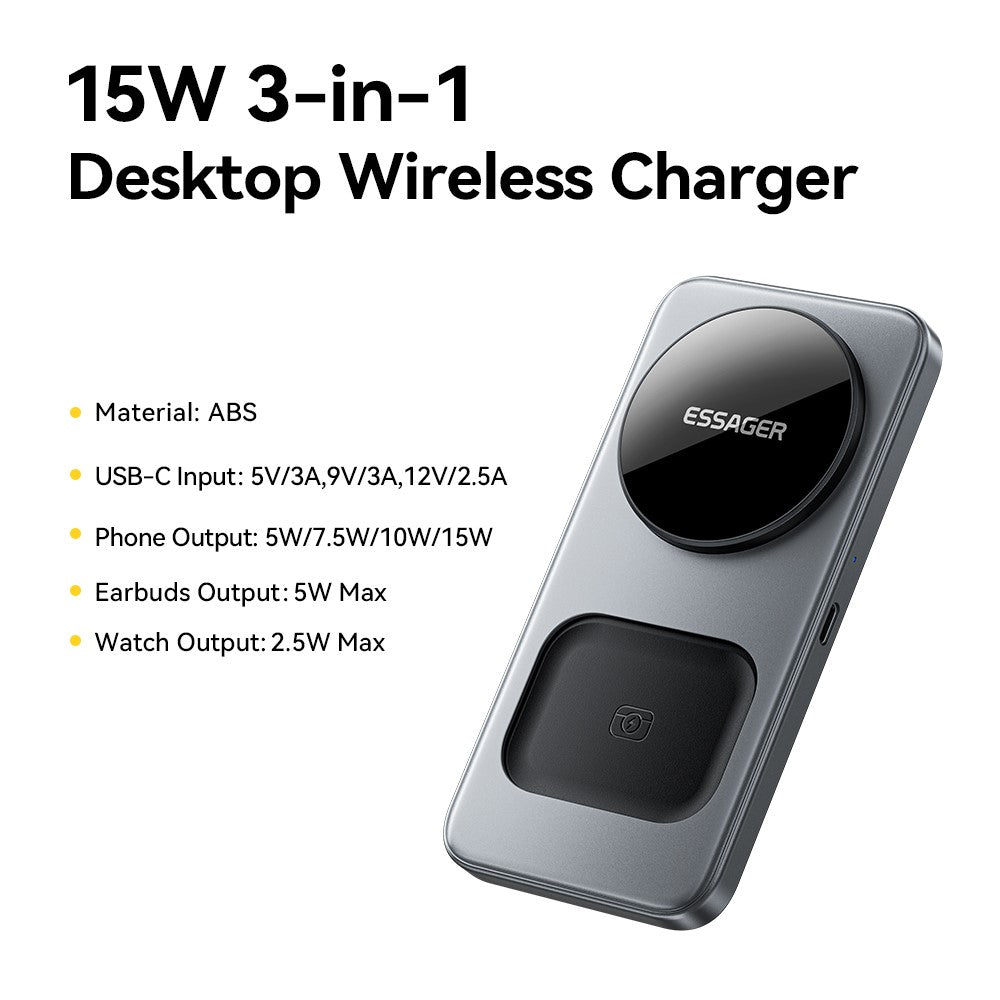 ESSAGER 3 in 1 Desktop Wireless Charger 15W Fast Charging Magnetic Foldable for Phone Watch Earbuds