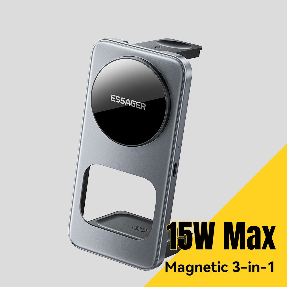 ESSAGER 3 in 1 Desktop Wireless Charger 15W Fast Charging Magnetic Foldable for Phone Watch Earbuds