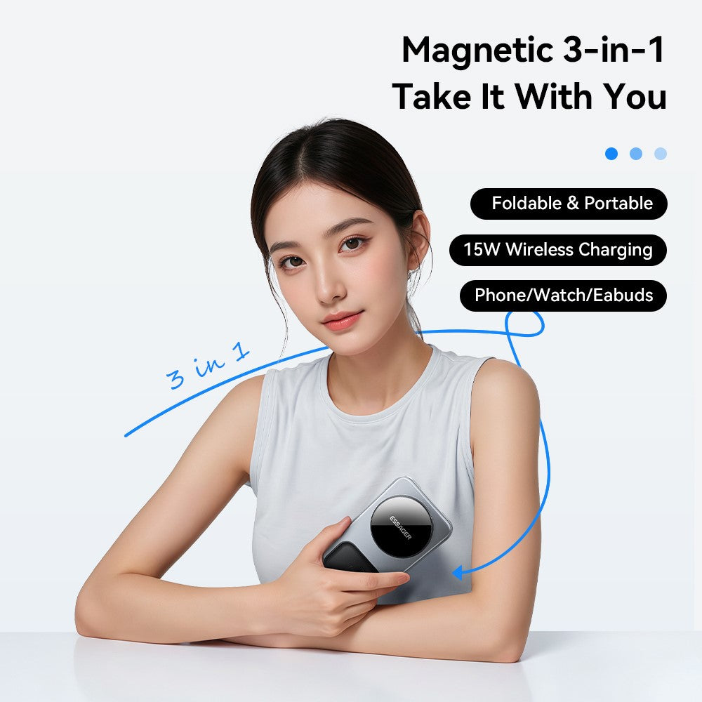ESSAGER 3 in 1 Desktop Wireless Charger 15W Fast Charging Magnetic Foldable for Phone Watch Earbuds