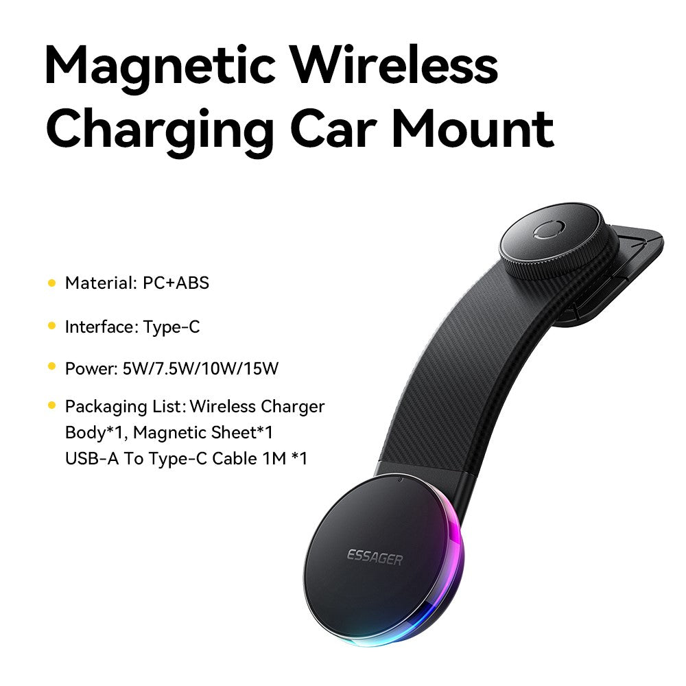 ESSAGER 15W Fast Charger with RGB Light 360 Degree Rotating Magnetic Wireless Charging Car Mount Phone Holder