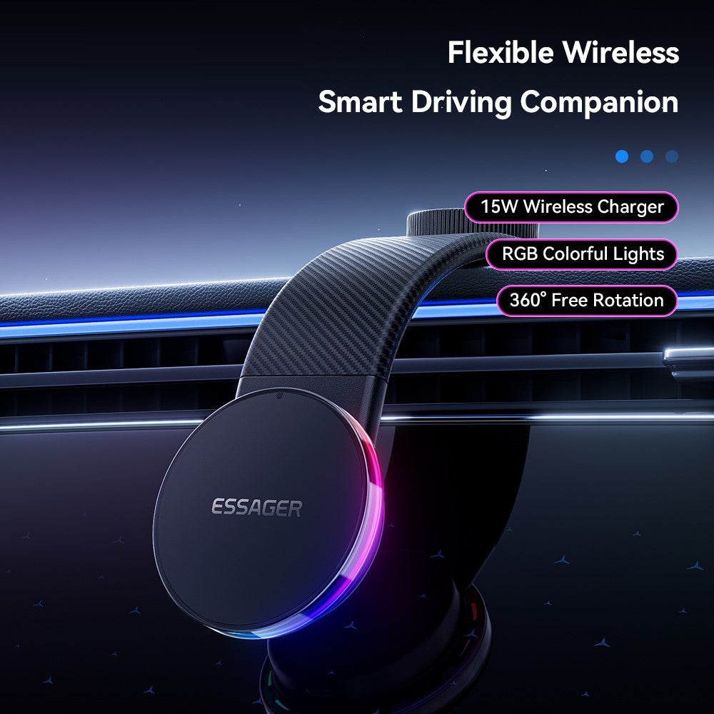 ESSAGER 15W Fast Charger with RGB Light 360 Degree Rotating Magnetic Wireless Charging Car Mount Phone Holder