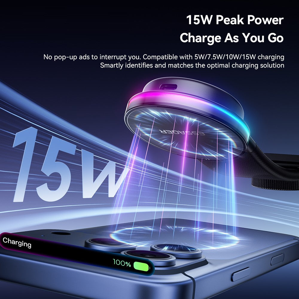 ESSAGER 15W Fast Charger with RGB Light 360 Degree Rotating Magnetic Wireless Charging Car Mount Phone Holder