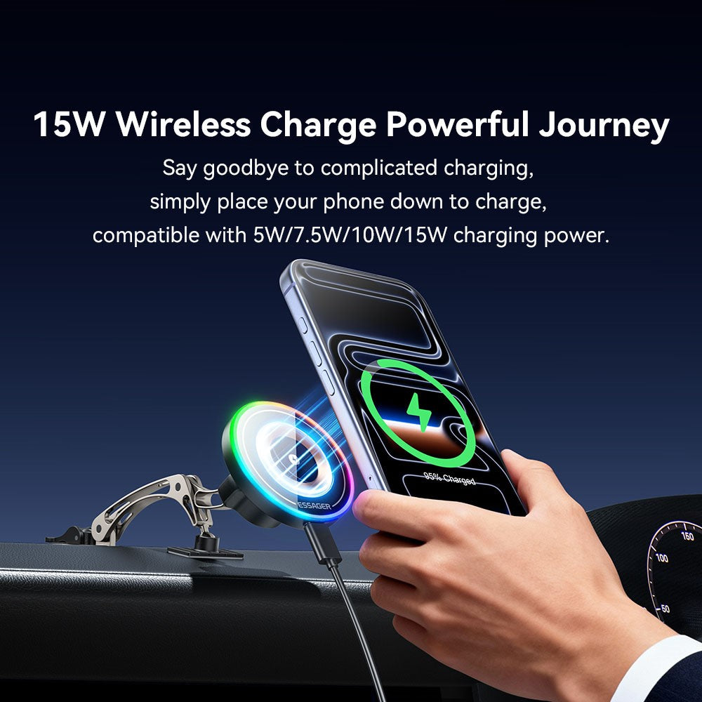 ESSAGER Magnetic Car Phone Holder RGB Lighting 15W Wireless Charger for Dashboard Windshield Mount