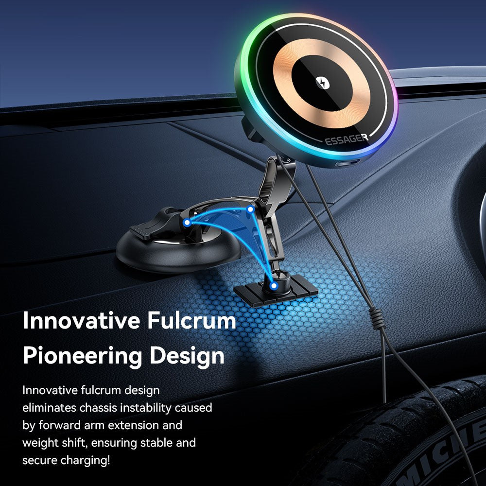 ESSAGER Magnetic Car Phone Holder RGB Lighting 15W Wireless Charger for Dashboard Windshield Mount