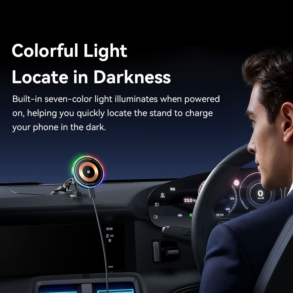ESSAGER Magnetic Car Phone Holder RGB Lighting 15W Wireless Charger for Dashboard Windshield Mount