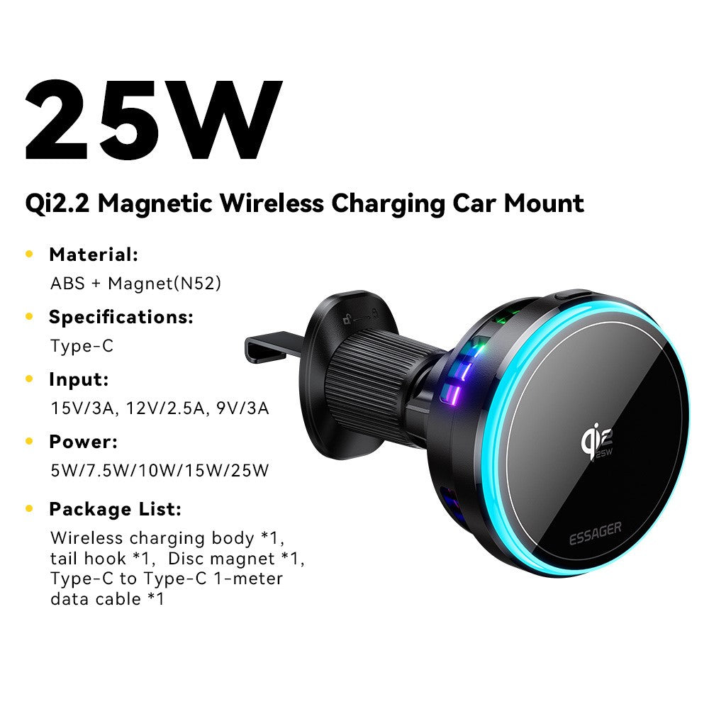 ESSAGER Qi2.2 25W Fast Charging Air Vent Mount Magnetic Wireless Car Charger with RGB Light