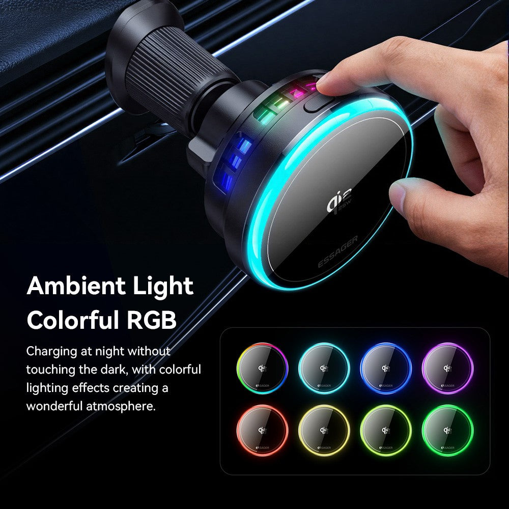 ESSAGER Qi2.2 25W Fast Charging Air Vent Mount Magnetic Wireless Car Charger with RGB Light