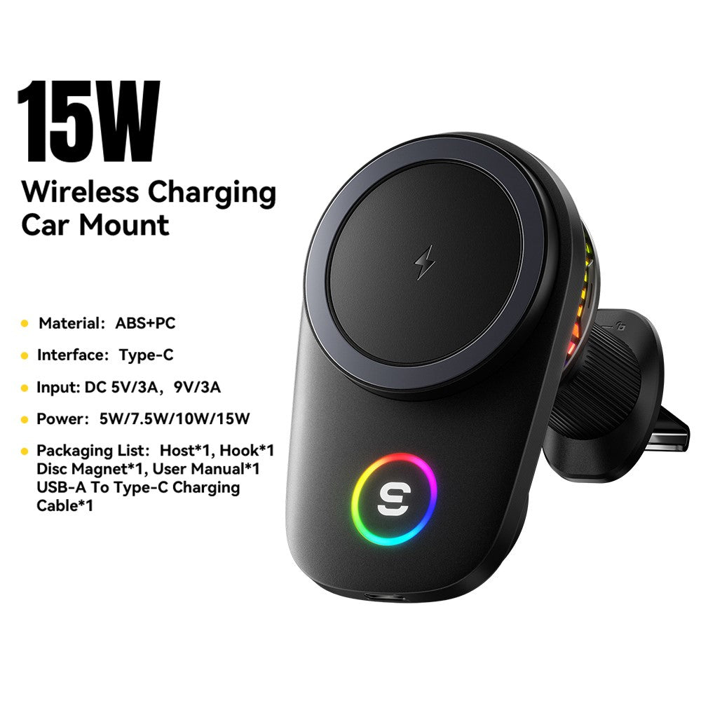 ESSAGER 15W Wireless Charger Built-in Cooling Fan Car Air Vent Mount Magnetic Phone Holder with RGB Light
