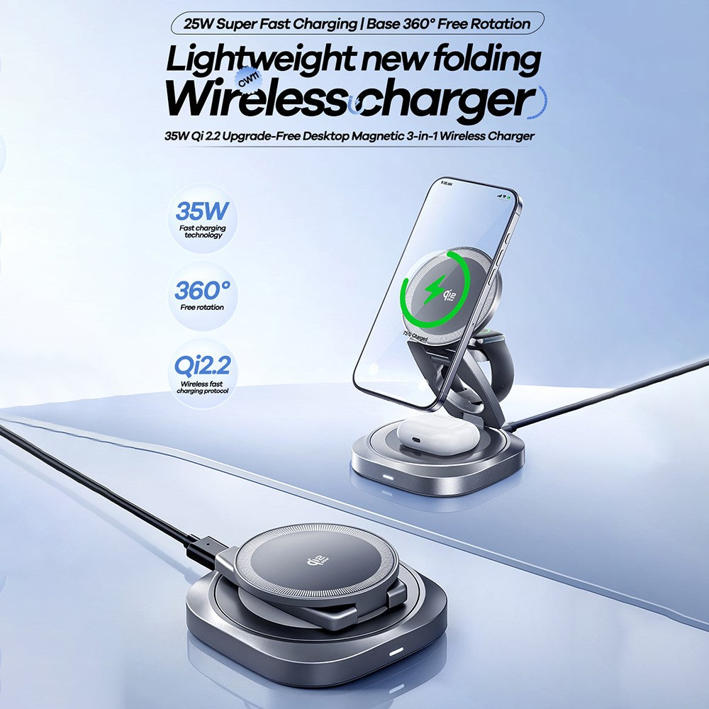 REMAX CW11 3-i-1 35W Sammenklappelig Trådløs Oplader Qi2.2 Magnetisk Opladerstander til iPhone AirPods Watch