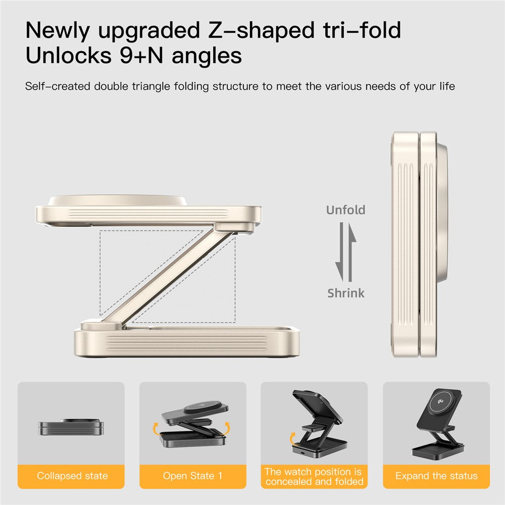 JJT-C42 Qi2 3-in-1 Magnetic Wireless Charger 15W Foldable Aluminum Alloy Charging Stand for Phone Watch Earbuds
