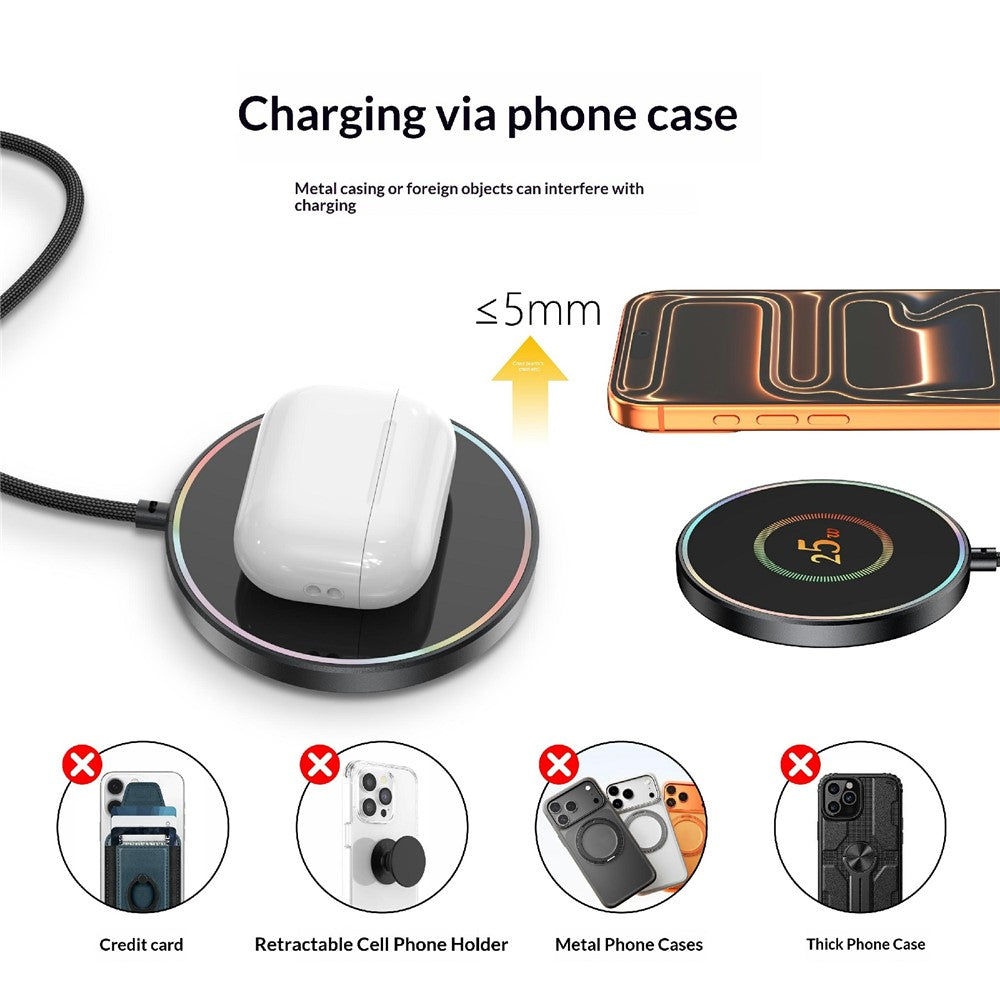 25-1 25W Magnetisk Trådløs Oplader Bordplade Ultratynd Intelligent Temperaturkontrol Qi Hurtig Opladningsplade til iPhone Android-telefon