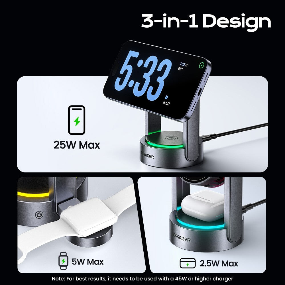 ESSAGER T50 3 in 1 Magnetic Wireless Charger TEC Cooling Qi2.2 25W Fast Charging Stand for Phone Watch Earbuds