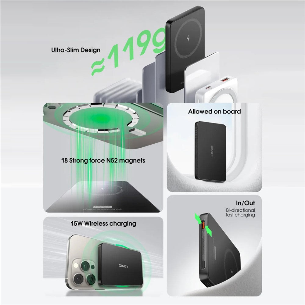 LDNIO PQ28 5000mAh Magnetisk Trådlös Powerbank Ultratunn Bärbar 15W Snabbladdande Laddare för iPhone