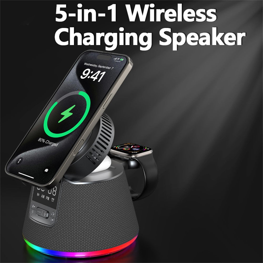 JJT-C67 5-i-1 Qi2.2 25W Iskølende Trådløs Oplader Bluetooth-kompatibel Højttaler Opladningsstation med RGB-lys