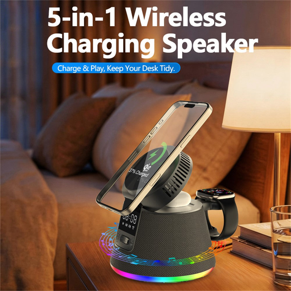 JJT-C67 5-i-1 Qi2.2 25W Iskølende Trådløs Oplader Bluetooth-kompatibel Højttaler Opladningsstation med RGB-lys