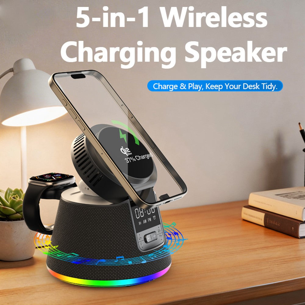 JJT-C67 5-i-1 Qi2.2 25W Iskølende Trådløs Oplader Bluetooth-kompatibel Højttaler Opladningsstation med RGB-lys