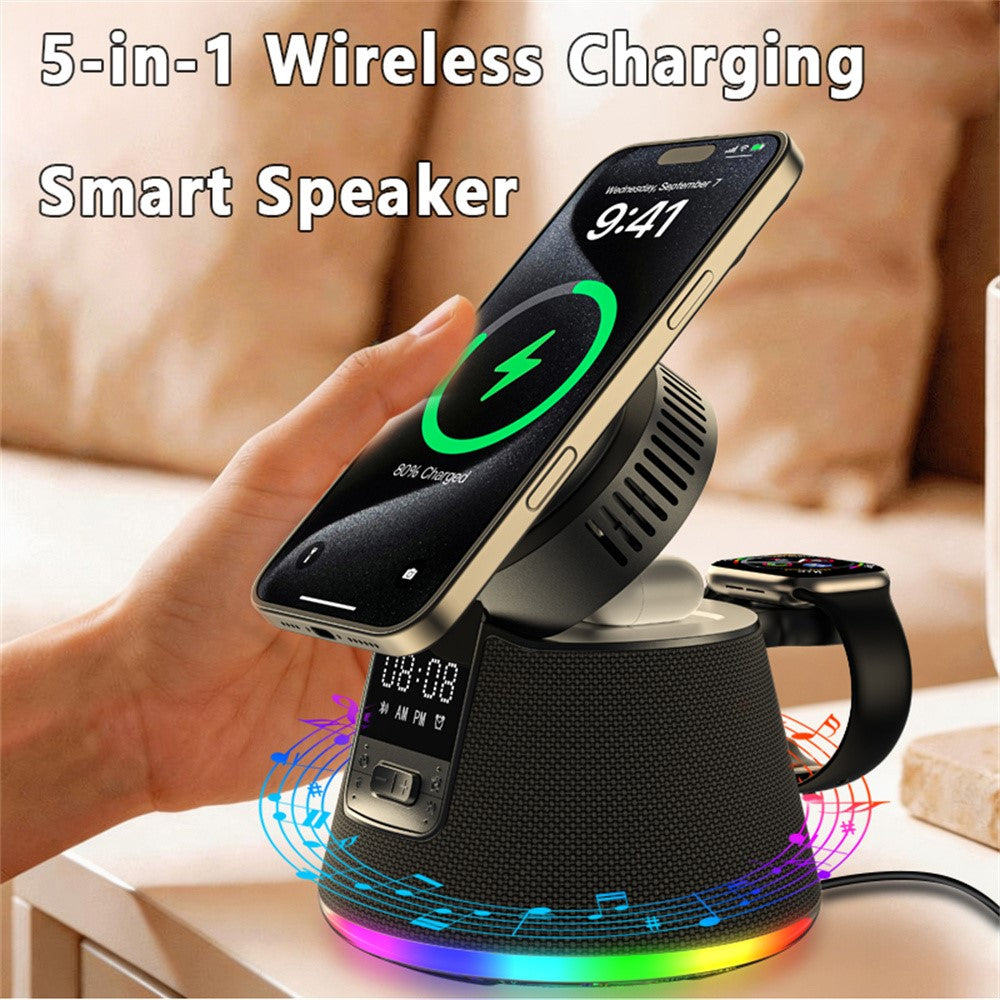 JJT-C67 5-i-1 Qi2.2 25W Iskølende Trådløs Oplader Bluetooth-kompatibel Højttaler Opladningsstation med RGB-lys