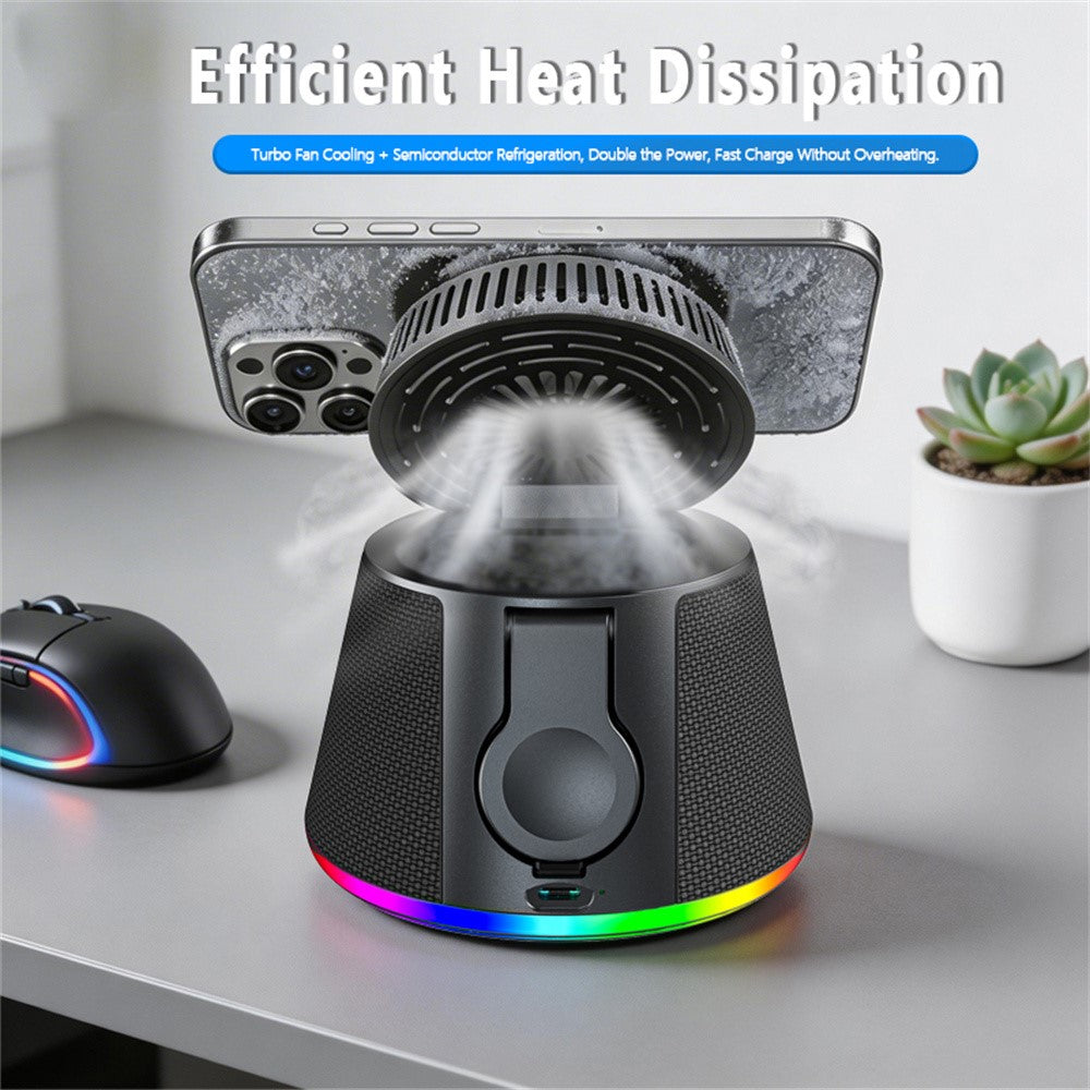 JJT-C67 5-i-1 Qi2.2 25W Iskølende Trådløs Oplader Bluetooth-kompatibel Højttaler Opladningsstation med RGB-lys