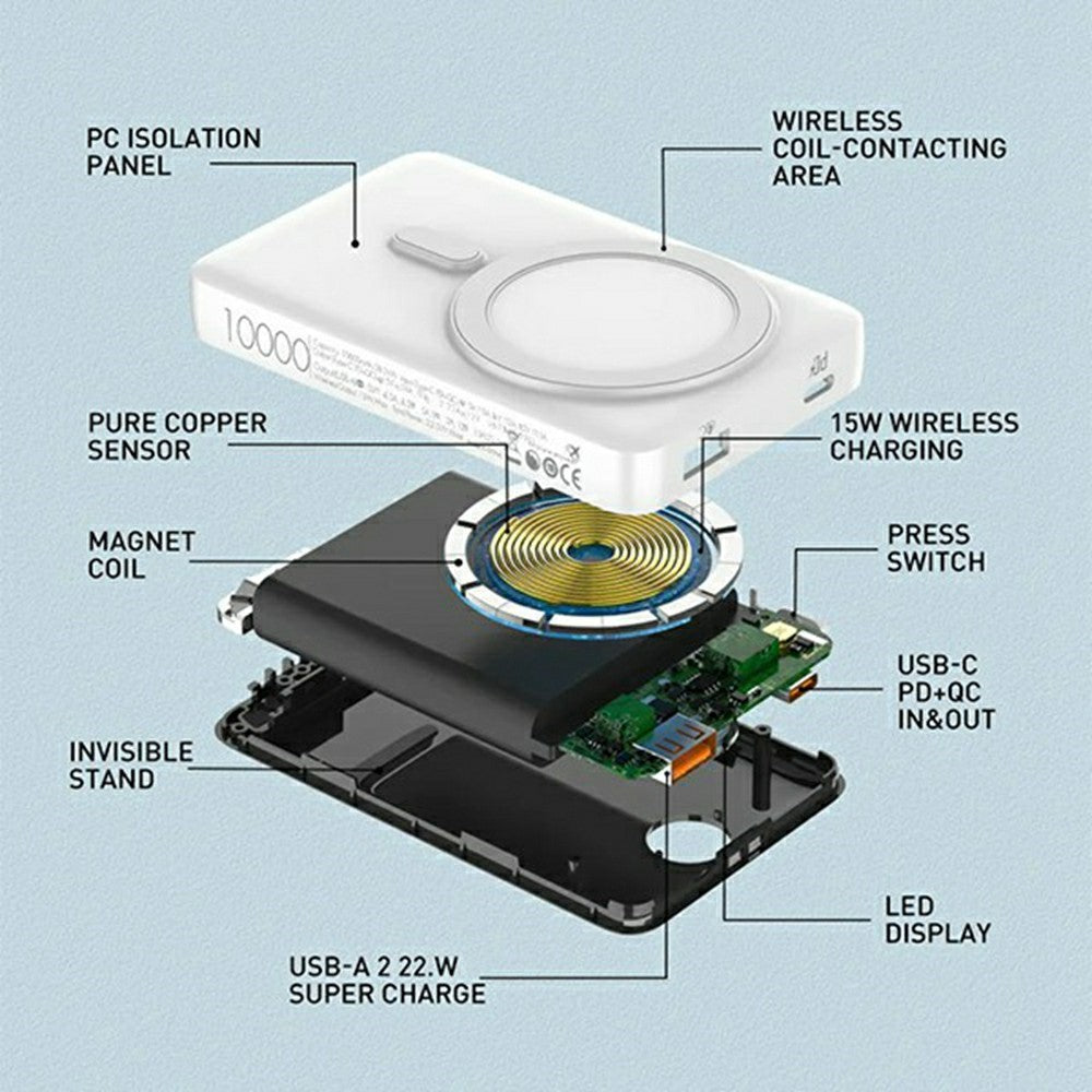LDNIO PQ17 10000mAh Magnetisk Trådløs Powerbank PD 20W QC 22.5W Bærbar Oplader med Skjult Foldbar Stand til iPhone