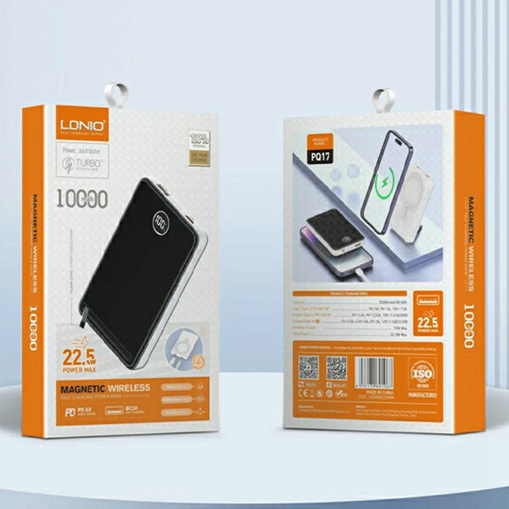 LDNIO PQ17 10000mAh Magnetisk Trådløs Powerbank PD 20W QC 22.5W Bærbar Oplader med Skjult Foldbar Stand til iPhone