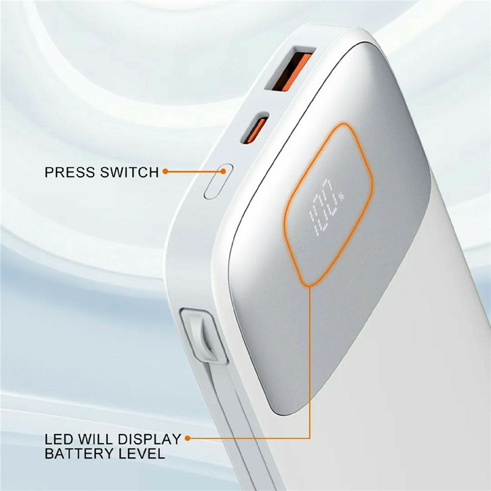 LDNIO PQ19 10000mAh Powerbank med indbygget Type-C & iP (5-14) kabel 22.5W hurtigopladning LED display oplader