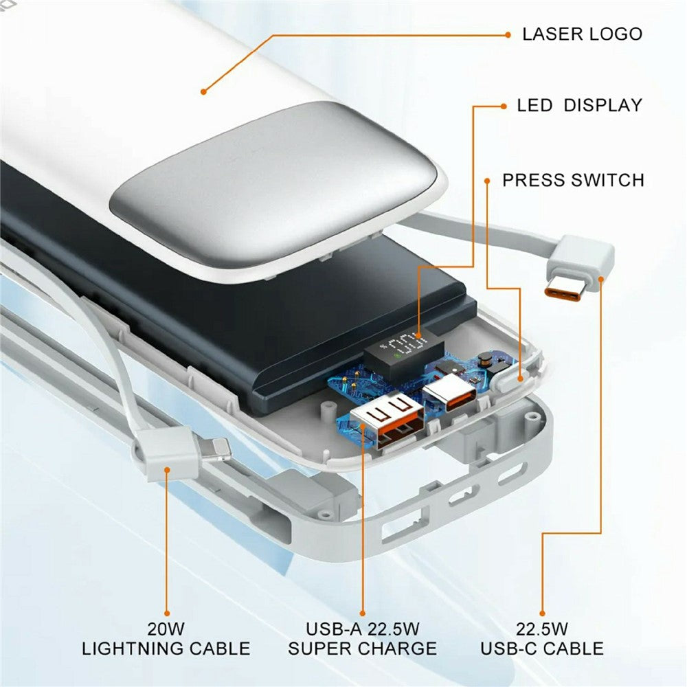 LDNIO PQ19 10000mAh Powerbank med indbygget Type-C & iP (5-14) kabel 22.5W hurtigopladning LED display oplader