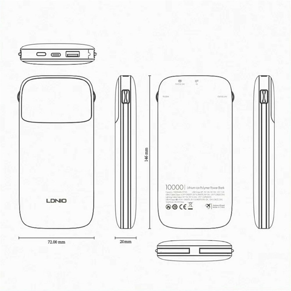 LDNIO PQ19 10000mAh Powerbank med indbygget Type-C & iP (5-14) kabel 22.5W hurtigopladning LED display oplader
