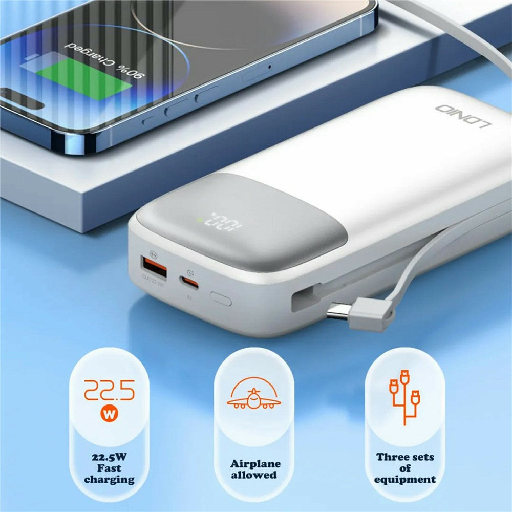 LDNIO PQ20 20000mAh Power Bank with Built-in Type-C & iP (5-14) Cables 22.5W Fast Charging Charg