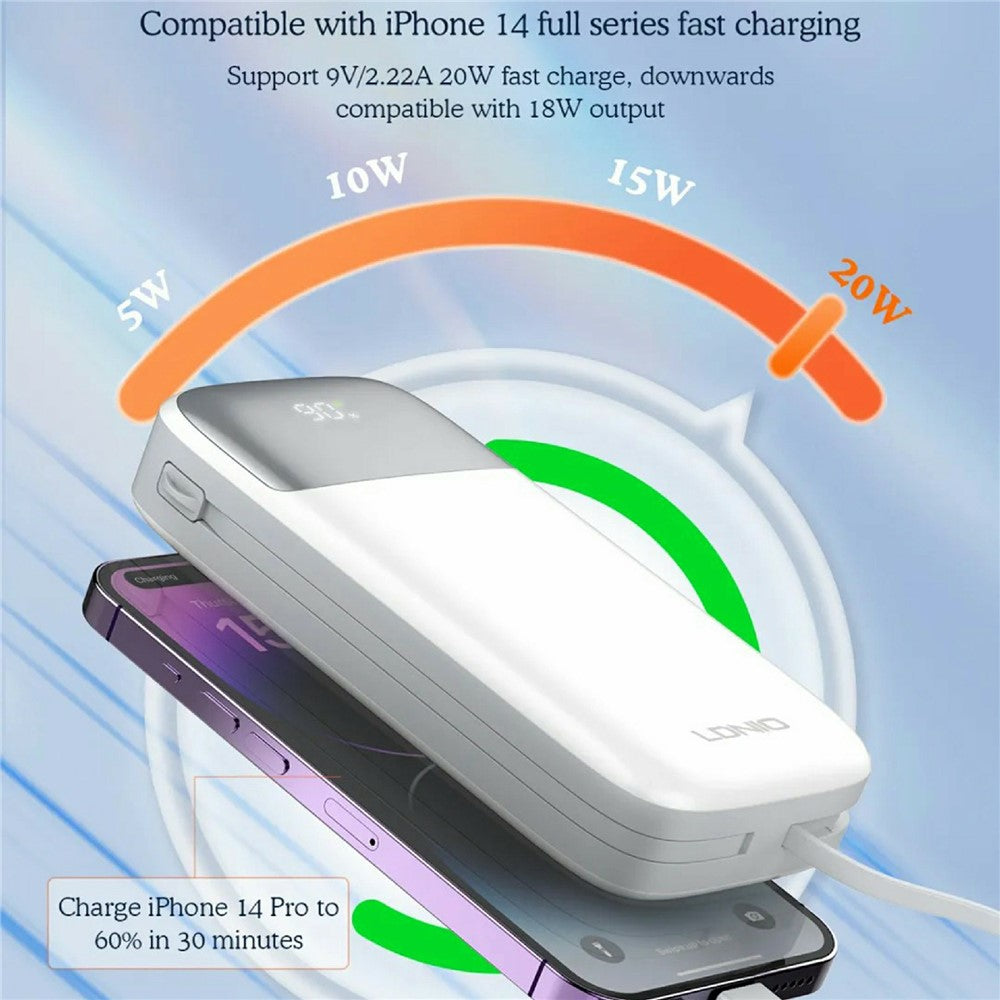 LDNIO PQ20 20000mAh Power Bank with Built-in Type-C & iP (5-14) Cables 22.5W Fast Charging Charg