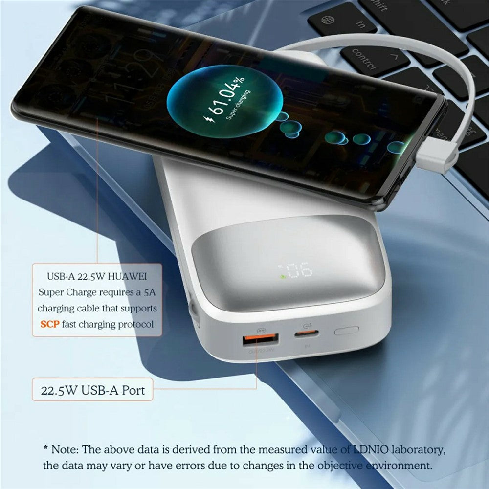 LDNIO PQ20 20000mAh Power Bank with Built-in Type-C & iP (5-14) Cables 22.5W Fast Charging Charg