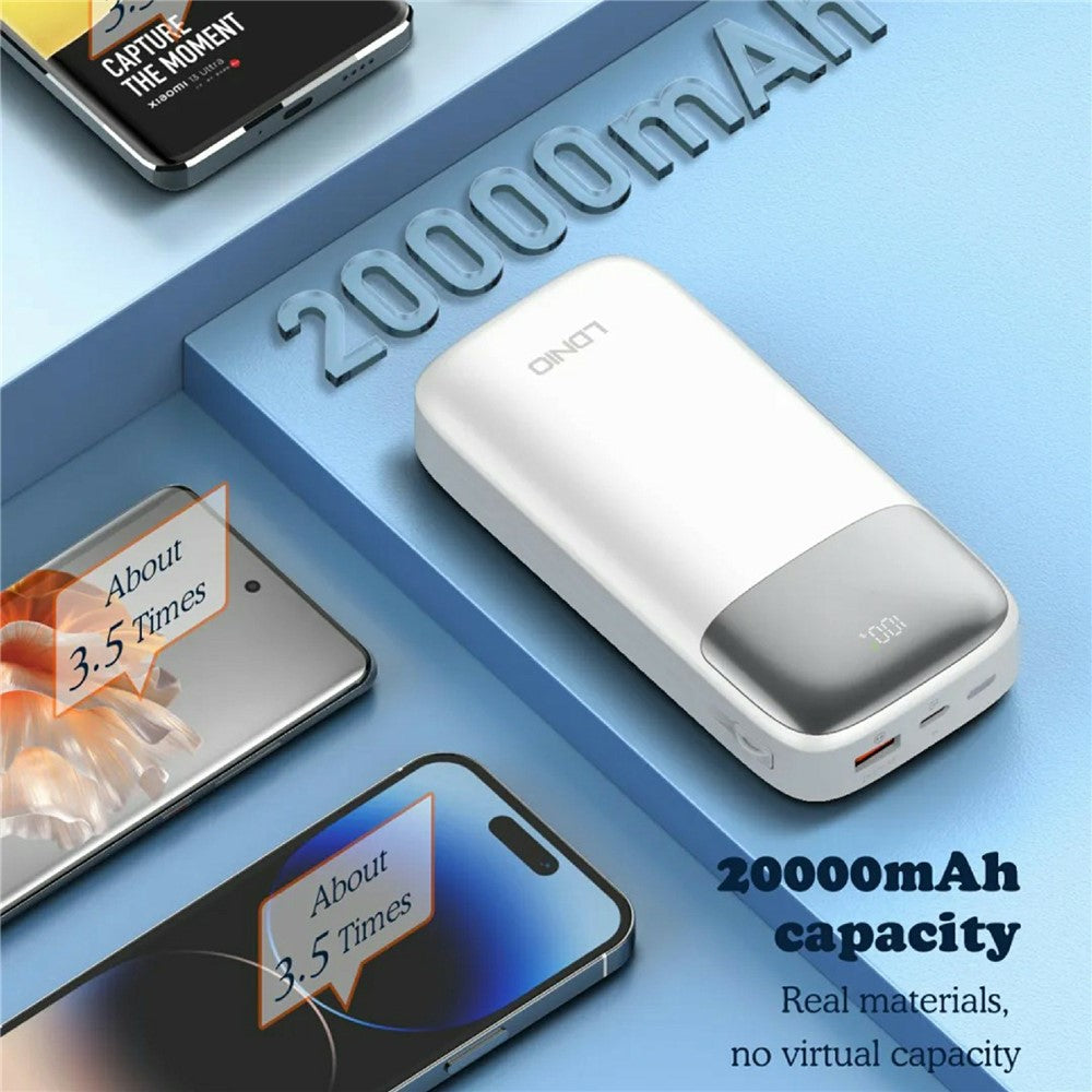 LDNIO PQ20 20000mAh Power Bank with Built-in Type-C & iP (5-14) Cables 22.5W Fast Charging Charg