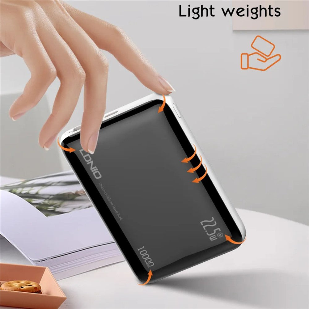 LDNIO PQ25 10000mAh ultratynd powerbank, 22,5W hurtigopladning, to porte USB-C+USB-A PD 20W, bærbar oplader
