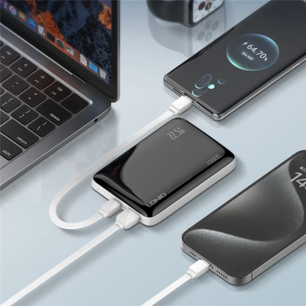 LDNIO PQ25 10000mAh ultratynd powerbank, 22,5W hurtigopladning, to porte USB-C+USB-A PD 20W, bærbar oplader