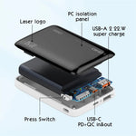 LDNIO PQ25 10000mAh ultratynd powerbank, 22,5W hurtigopladning, to porte USB-C+USB-A PD 20W, bærbar oplader