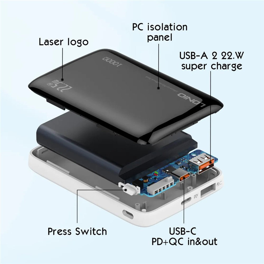 LDNIO PQ25 10000mAh ultratynd powerbank, 22,5W hurtigopladning, to porte USB-C+USB-A PD 20W, bærbar oplader