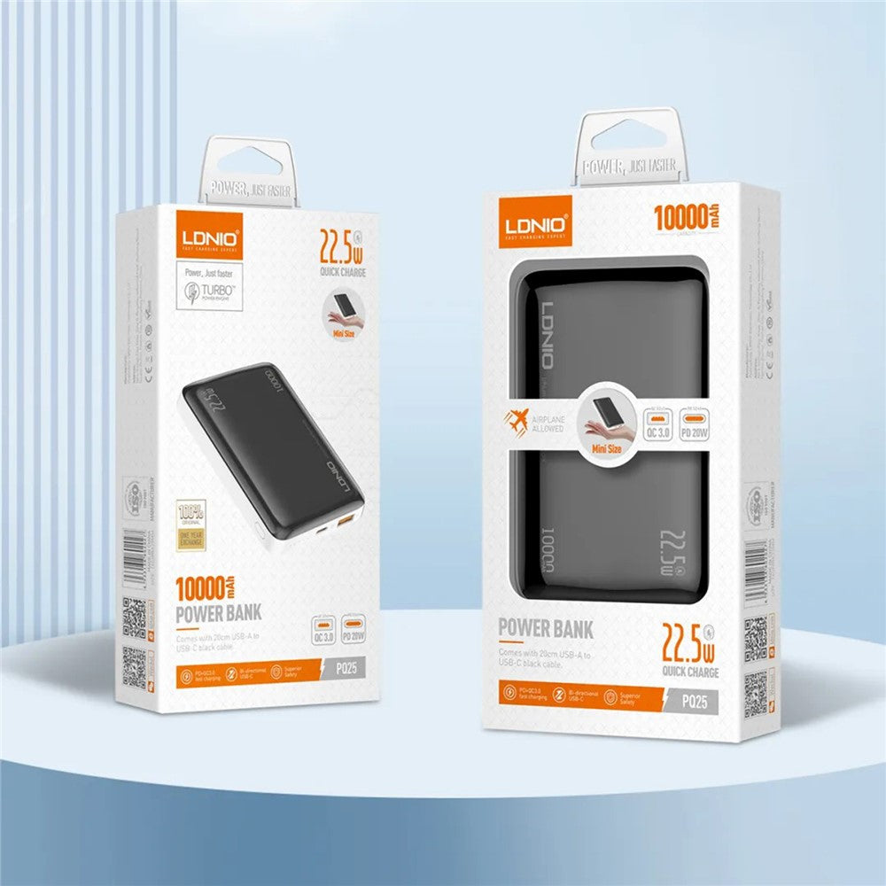 LDNIO PQ25 10000mAh ultratynd powerbank, 22,5W hurtigopladning, to porte USB-C+USB-A PD 20W, bærbar oplader