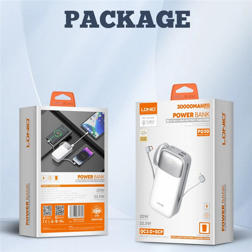 LDNIO PQ30 30000mAh Power Bank with Built-in Type-C + iP (5-14) Cable 22.5W Fast Charging LED Display Charger
