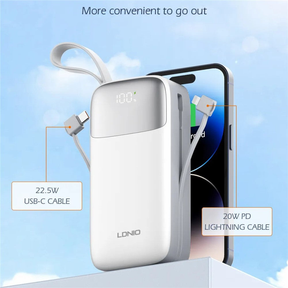 LDNIO PQ30 30000mAh Power Bank with Built-in Type-C + iP (5-14) Cable 22.5W Fast Charging LED Display Charger