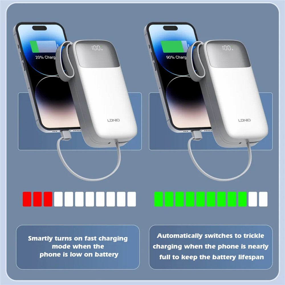 LDNIO PQ30 30000mAh Power Bank with Built-in Type-C + iP (5-14) Cable 22.5W Fast Charging LED Display Charger